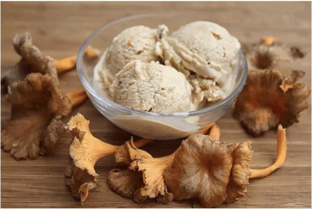 a bowl of ice cream and mushrooms